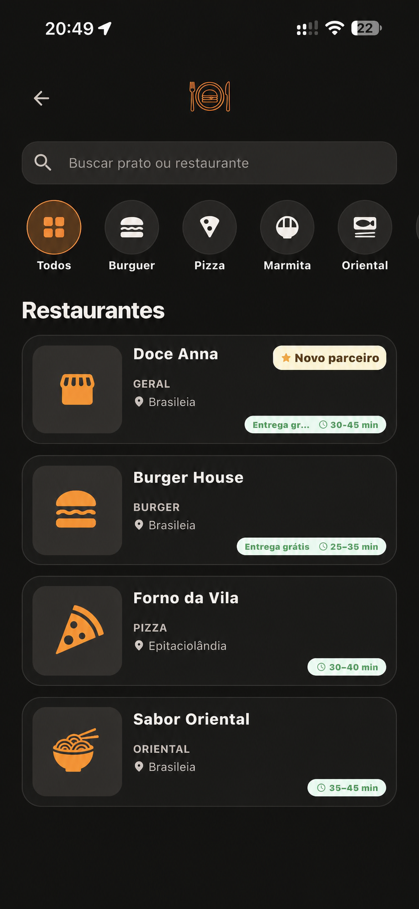 Tela de restaurantes do Supper Go